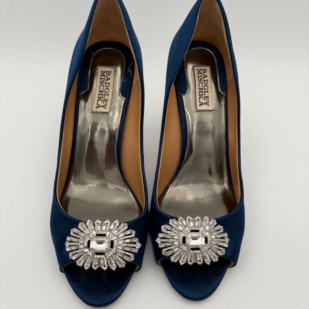 Badgley‎ Mischka Navy Blue Satin Peep Toe Heels Embellished Crystal Sparkle 9.5W